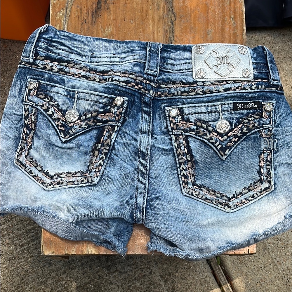 Miss Me jeans shorts Distressed Blue Denim with Embellished Pockets